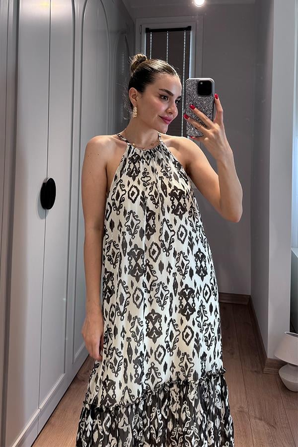 Sidra Etnik Desen Şifon Elbise