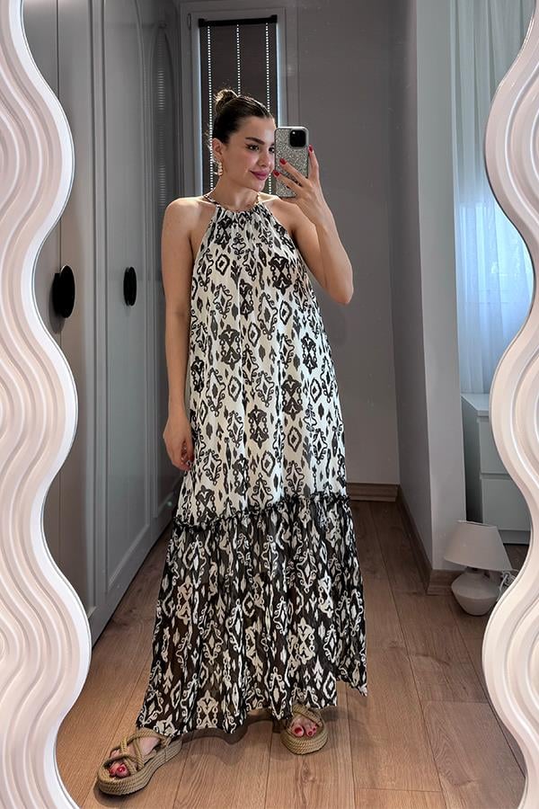 Sidra Etnik Desen Şifon Elbise