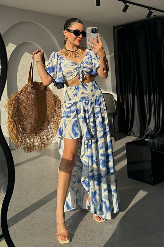 Silina Mavi Batik Desen Tasarım Crop -Etek Takım