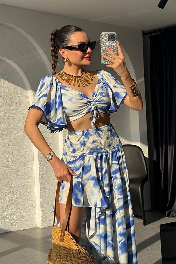 Silina Mavi Batik Desen Tasarım Crop -Etek Takım