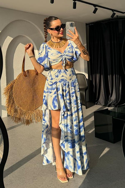 Silina Mavi Batik Desen Tasarım Crop -Etek Takım