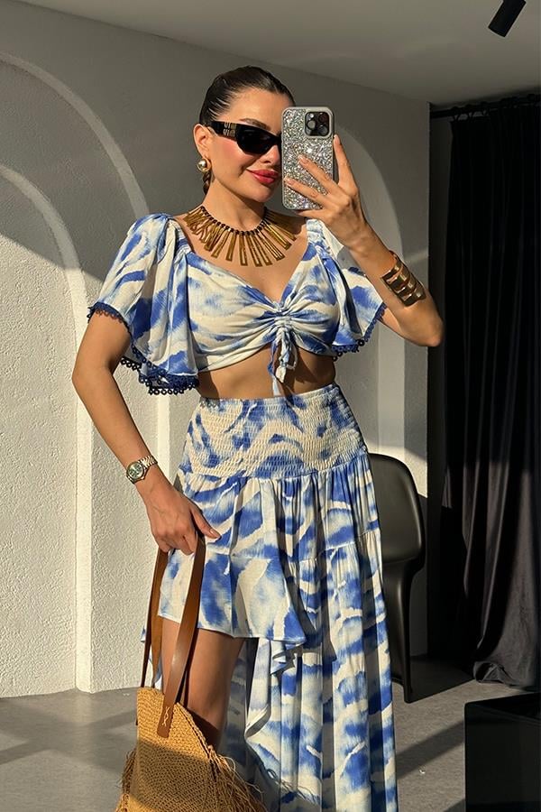 Silina Mavi Batik Desen Tasarım Crop -Etek Takım