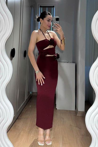 Silvia Gül Detaylı Boyundan Bağlamalı Elbise-Bordo