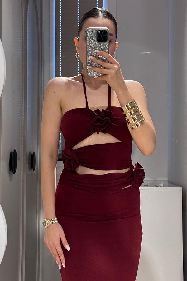 Silvia Gül Detaylı Boyundan Bağlamalı Elbise-Bordo