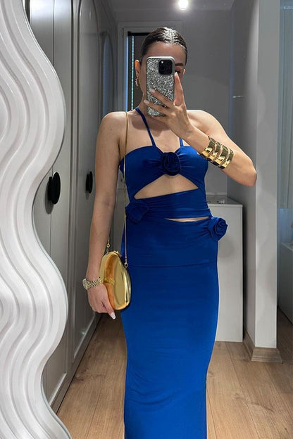 Silvia Gül Detaylı Boyundan Bağlamalı Elbise-Saks Mavi