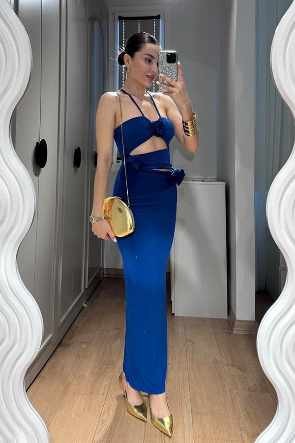 Silvia Gül Detaylı Boyundan Bağlamalı Elbise-Saks Mavi