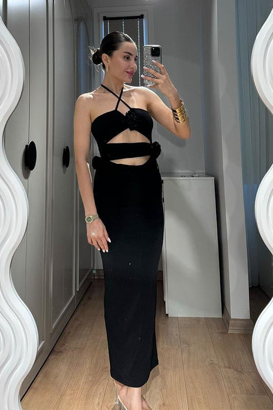 Silvia Gül Detaylı Boyundan Bağlamalı Elbise-Siyah