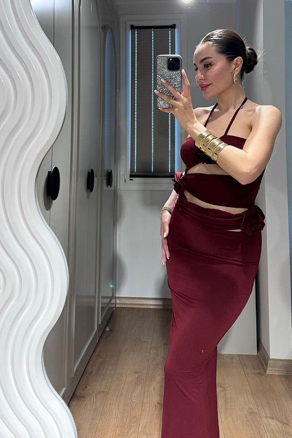Silvia Gül Detaylı Boyundan Bağlamalı Elbise-Bordo