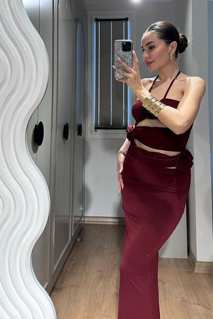 Silvia Gül Detaylı Boyundan Bağlamalı Elbise-Bordo