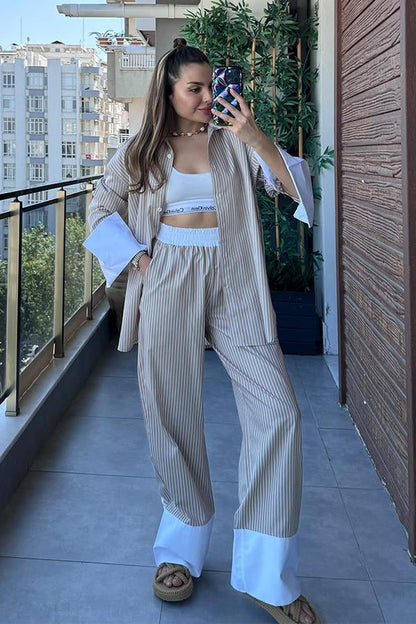 Simony Beyaz Geçişli Çizgili Takım - Kahve