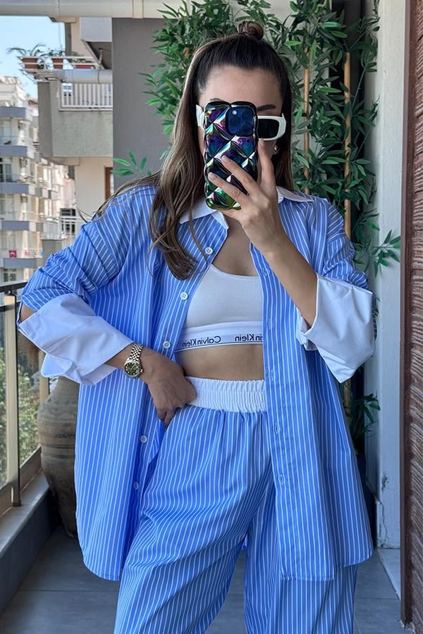 Simony Beyaz Geçişli Çizgili Takım - Mavi