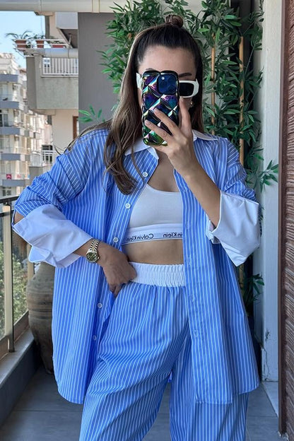 Simony Beyaz Geçişli Çizgili Takım - Mavi