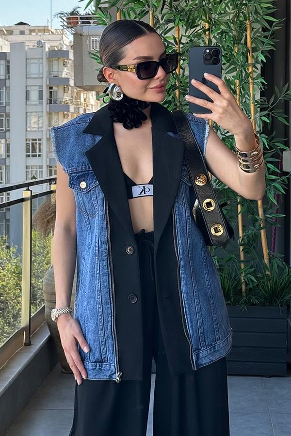 Simple Kot Karışımlı Yelek Pantolon Takım