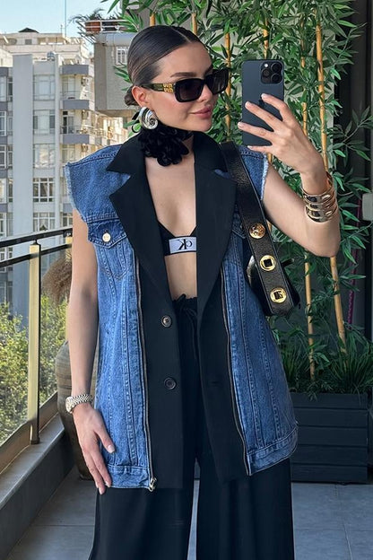 Simple Kot Karışımlı Yelek Pantolon Takım