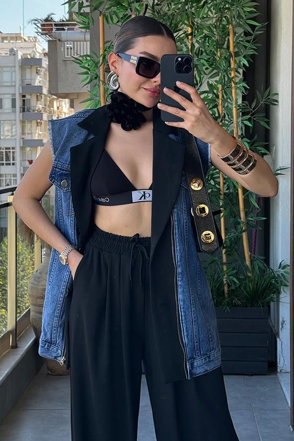 Simple Kot Karışımlı Yelek Pantolon Takım