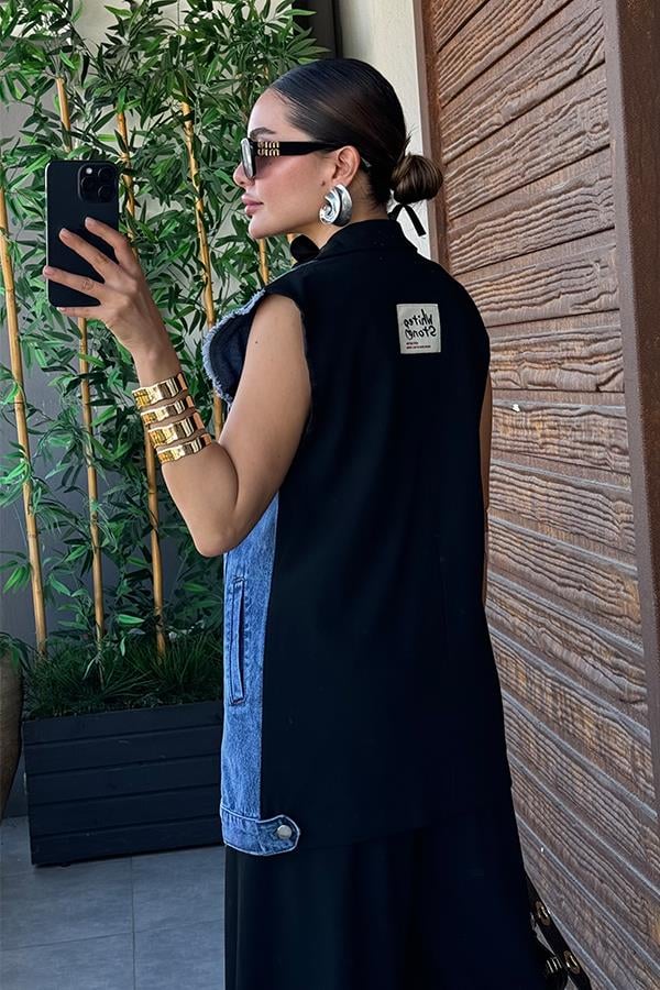 Simple Kot Karışımlı Yelek Pantolon Takım