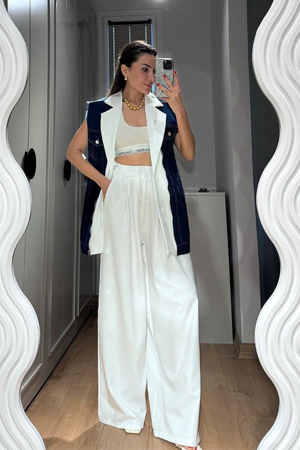 Simple Kot Karışımlı Yelek Pantolon Takım - Beyaz