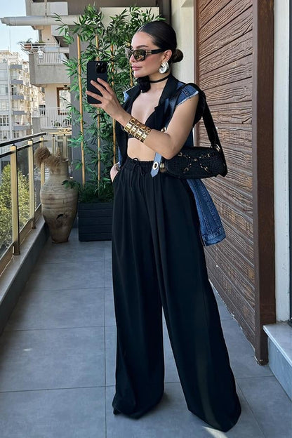 Simple Kot Karışımlı Yelek Pantolon Takım