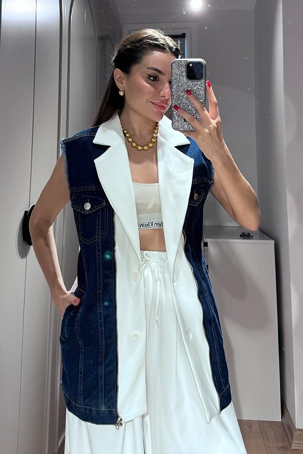 Simple Kot Karışımlı Yelek Pantolon Takım - Beyaz