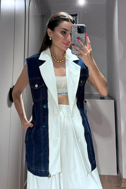 Simple Kot Karışımlı Yelek Pantolon Takım - Beyaz