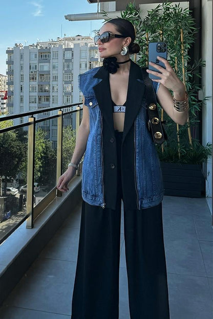 Simple Kot Karışımlı Yelek Pantolon Takım