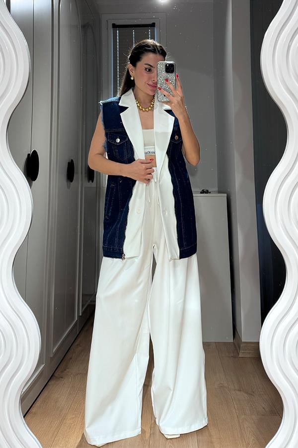 Simple Kot Karışımlı Yelek Pantolon Takım - Beyaz