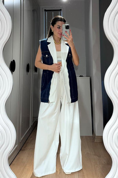 Simple Kot Karışımlı Yelek Pantolon Takım - Beyaz