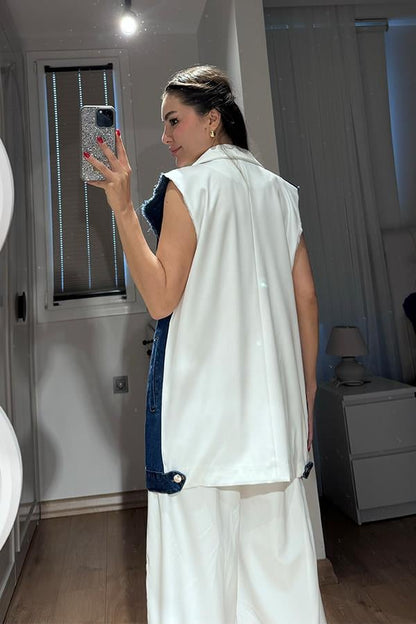 Simple Kot Karışımlı Yelek Pantolon Takım - Beyaz