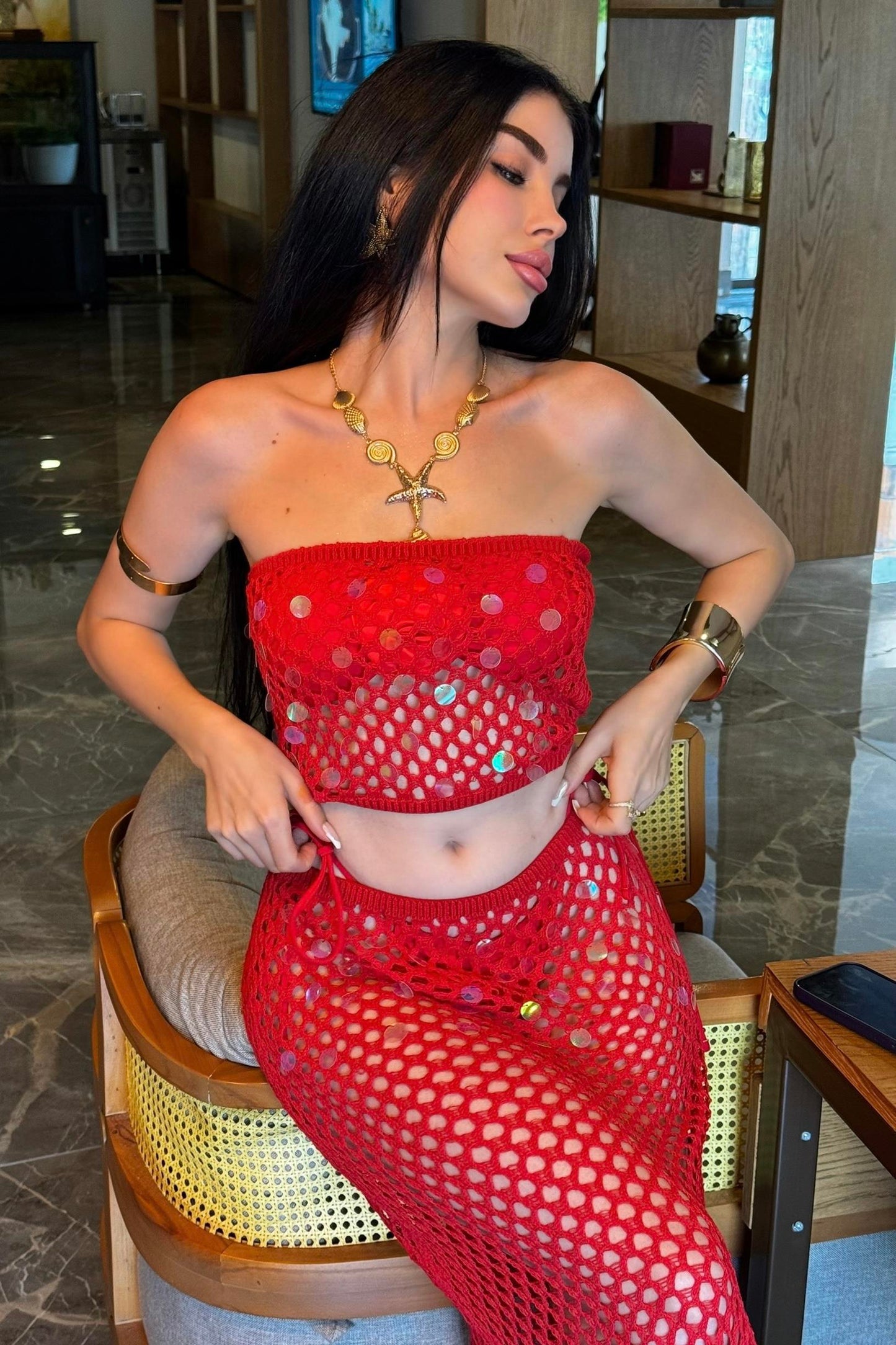 Sindy Kırmızı Pulpayet Ajurlu Takım