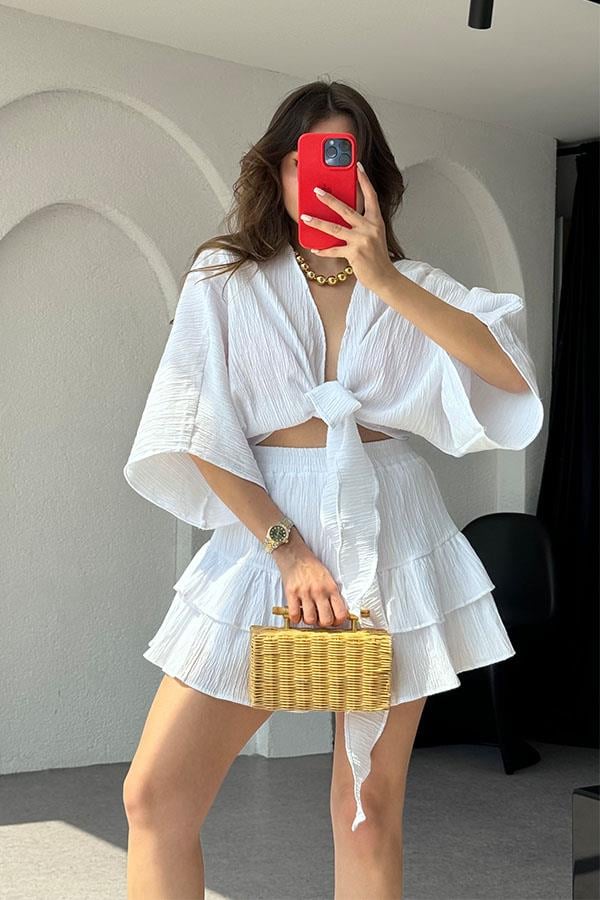 Sion Crop Fırfırlı-Etek Takım-Beyaz