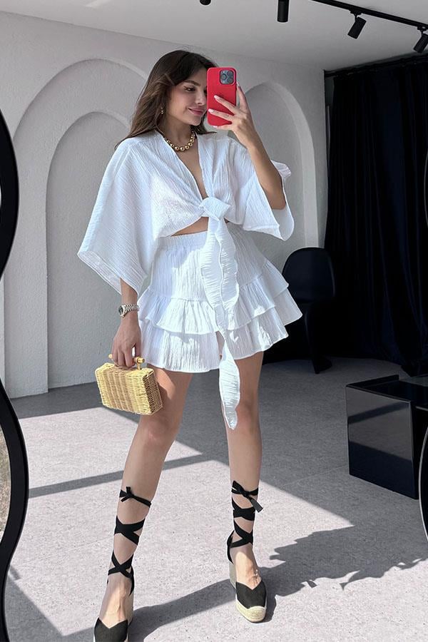 Sion Crop Fırfırlı-Etek Takım-Beyaz