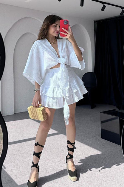 Sion Crop Fırfırlı-Etek Takım-Beyaz