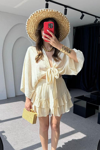 Sion Crop Fırfırlı-Etek Takım-Krem