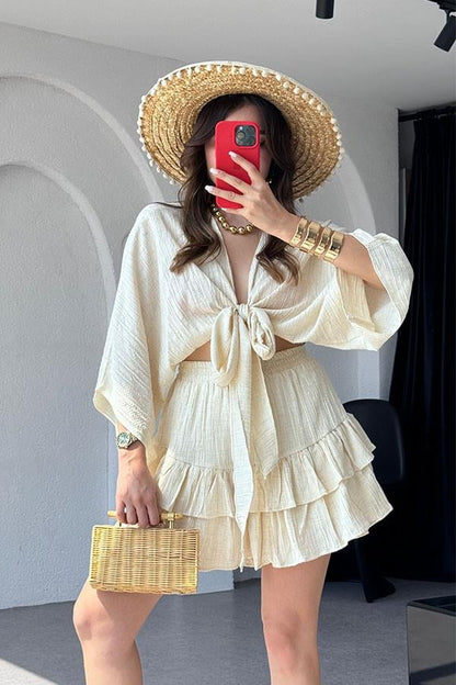 Sion Crop Fırfırlı-Etek Takım-Krem