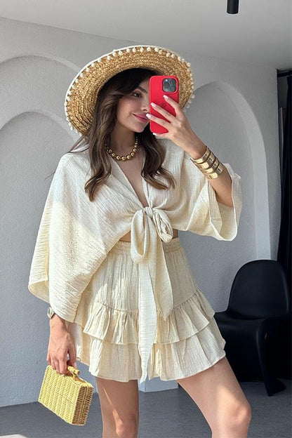 Sion Crop Fırfırlı-Etek Takım-Krem