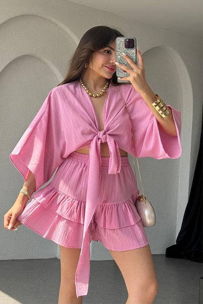 Sion Crop Fırfırlı-Etek Takım-Pembe