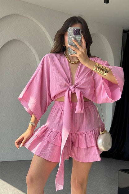 Sion Crop Fırfırlı-Etek Takım-Pembe