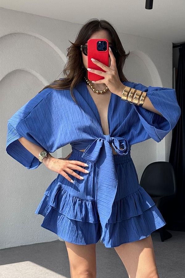 Sion Crop Fırfırlı-Etek Takım-Saks Mavi