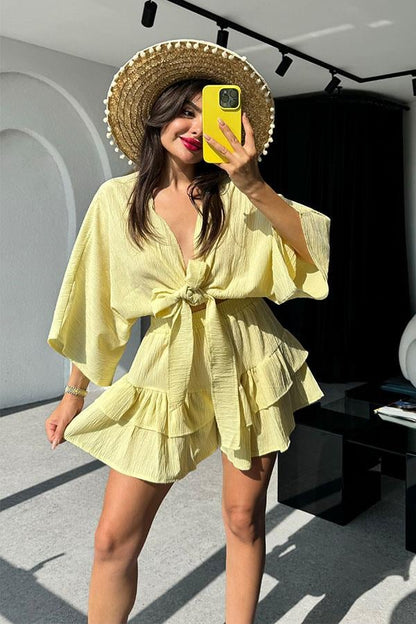 Sion Crop Fırfırlı-Etek Takım-Sarı