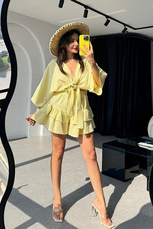 Sion Crop Fırfırlı-Etek Takım-Sarı