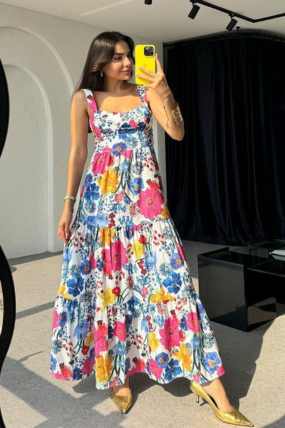 Sisu Pembe Çiçekli Kalın Askılı Elbise