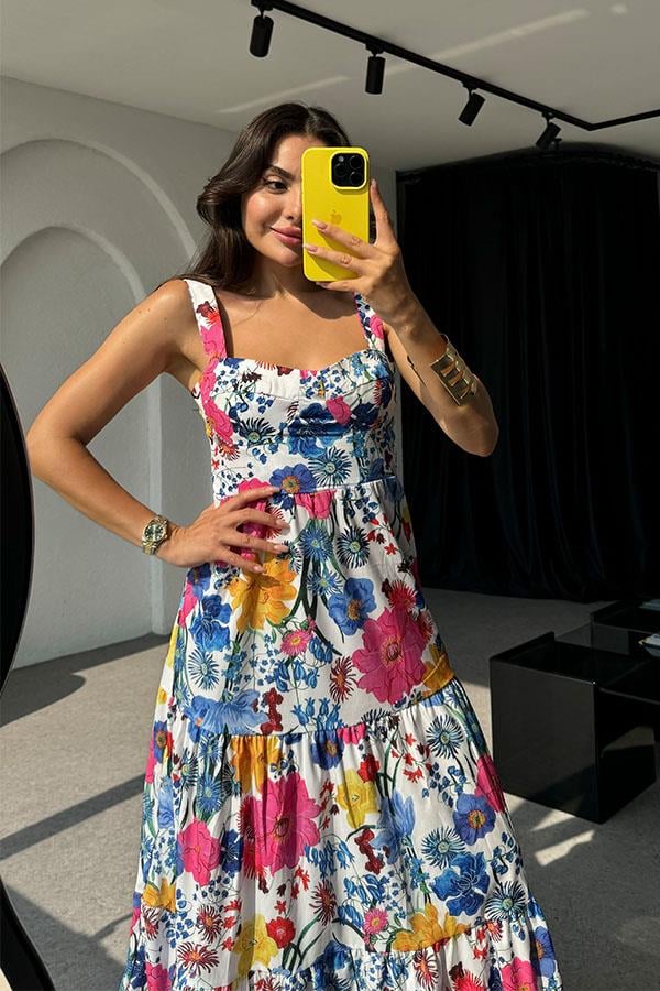 Sisu Pembe Çiçekli Kalın Askılı Elbise