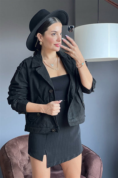 Siyah askeri model kot ceket