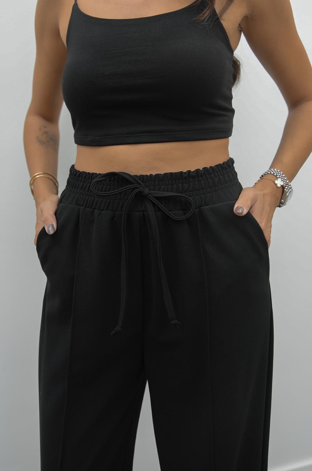 SIYAH BELI LASTIKLI ÖNÜ DIKIŞLI PANTOLON