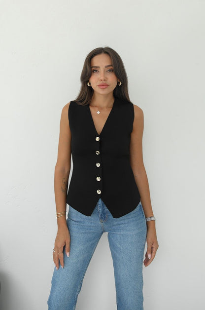 SIYAH BEŞ DÜĞMELI ÇELIK ÖRME YELEK