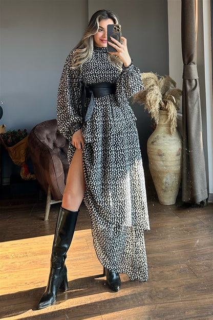 Siyah beyaz uzun kat kat şifon elbise