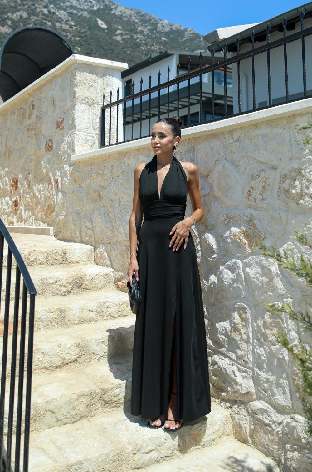 SIYAH BOYUNDAN BAĞLAMALI ELBISE