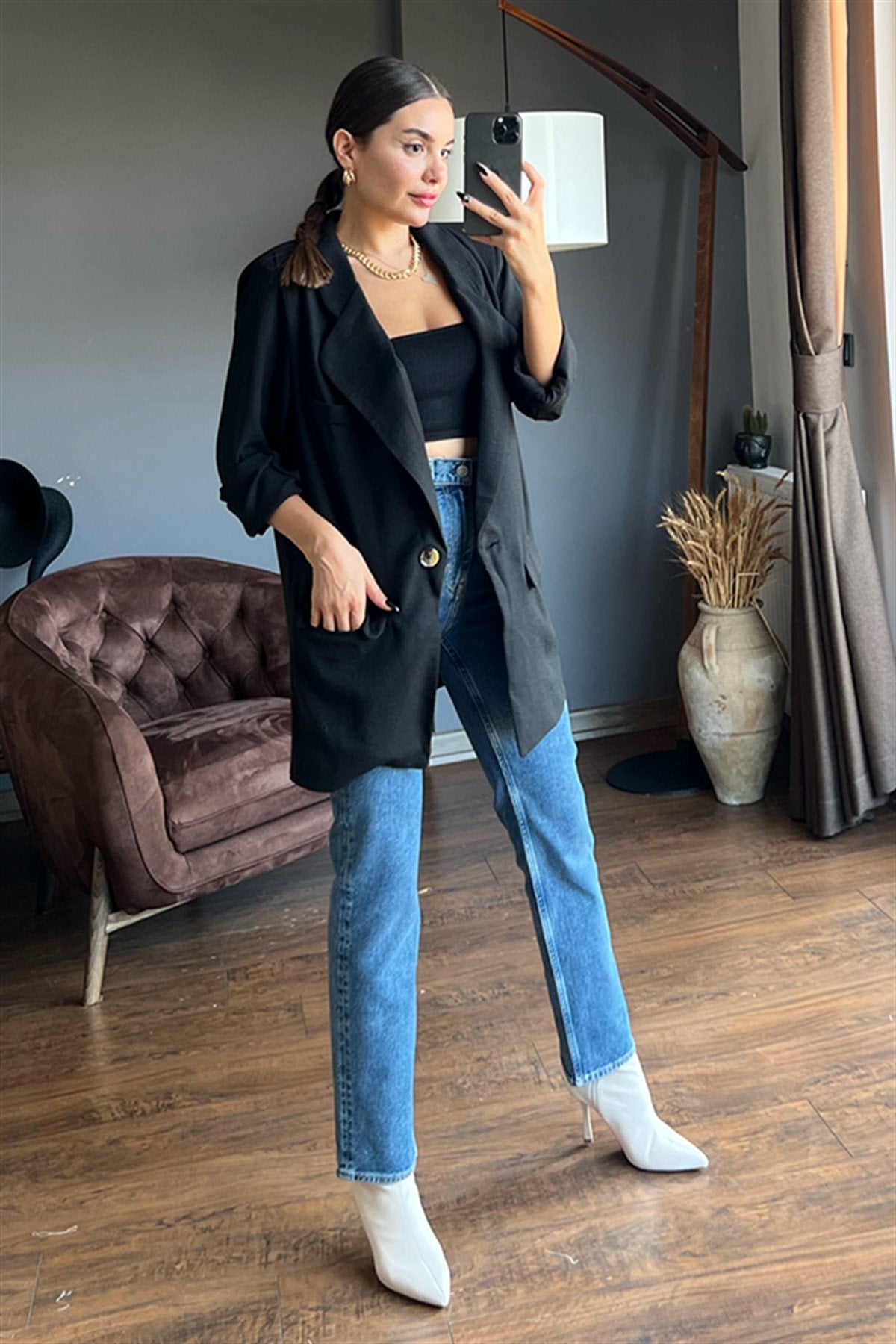 Siyah cep detaylı blazer ceket