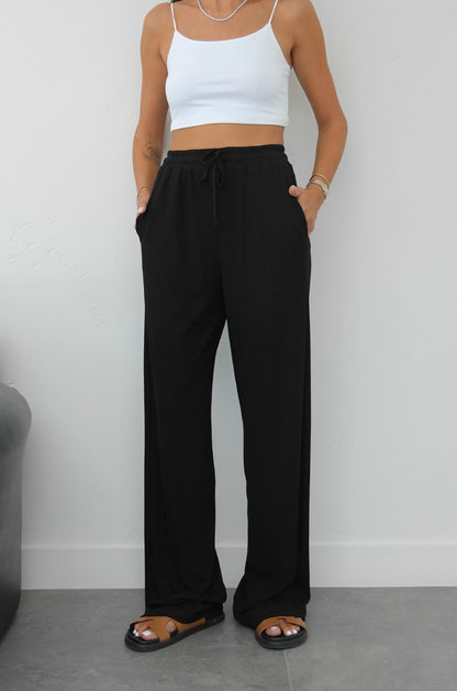 SIYAH FITILLI BELI LASTIKLI PANTOLON