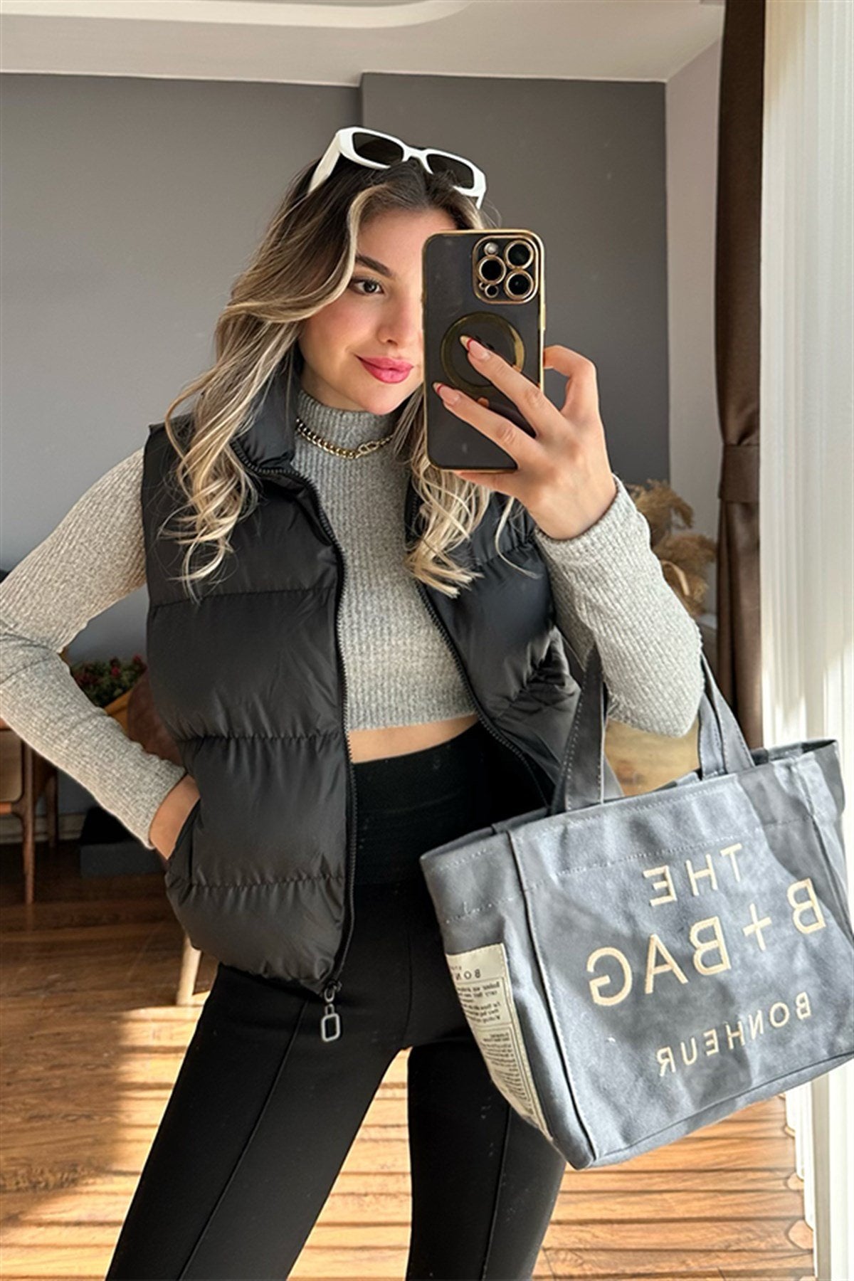 Siyah puffer kısa şişme yelek